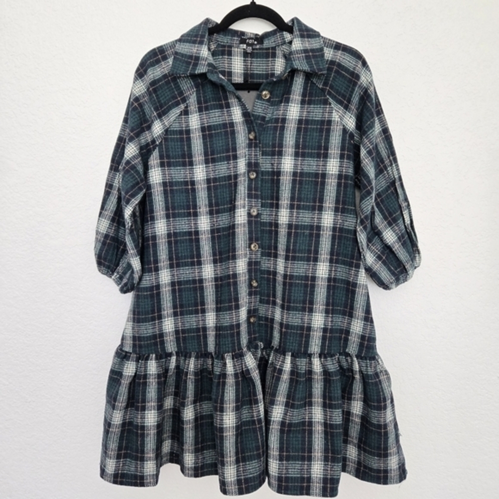 Fate XS Plaid Flannel‎ Tiered Mini Dress Button Down Puff Sleeve Holiday
